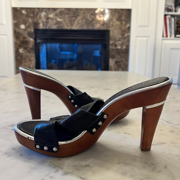 ANTONIO MELANI Shoes - Antonio Melani 'Saffron' Black Cross Leather Toe Wooden Platform Heels S…